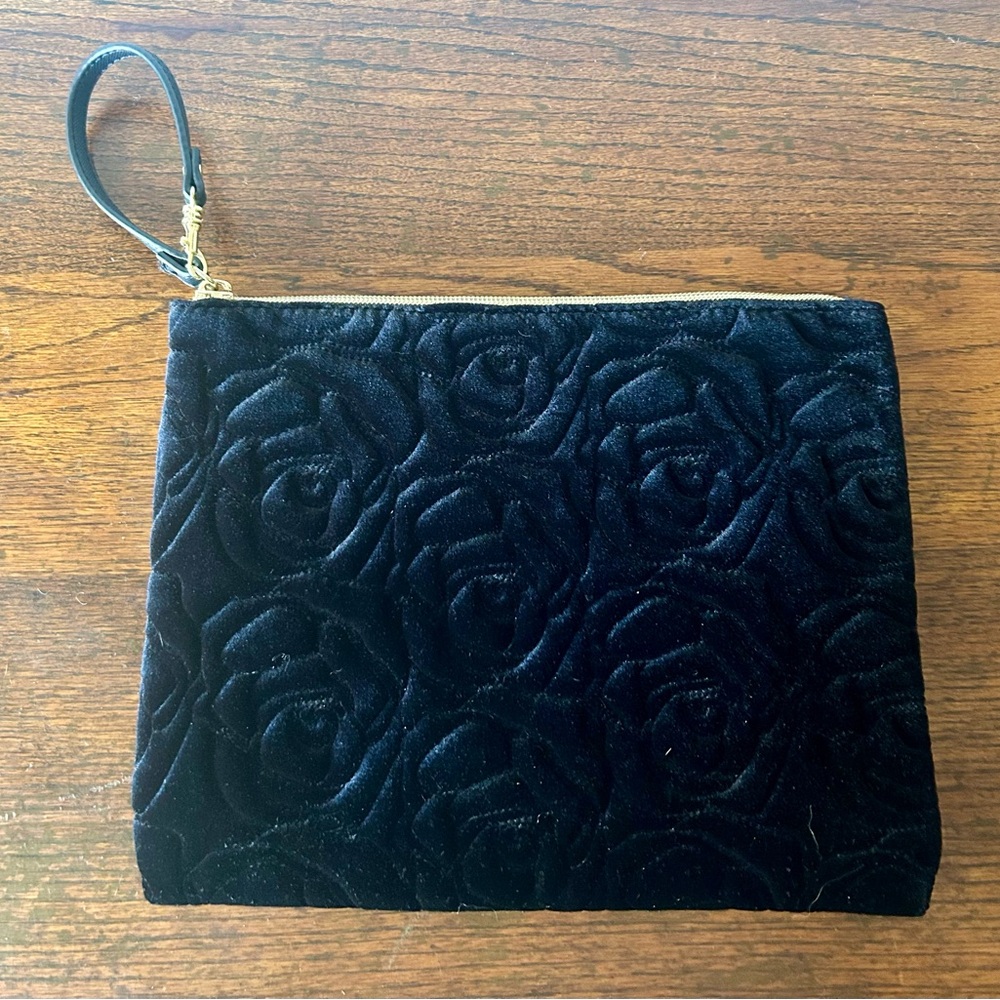 Betty Johnson Rose Embossed Black Velour Clutch Wristlet Make Up Bag